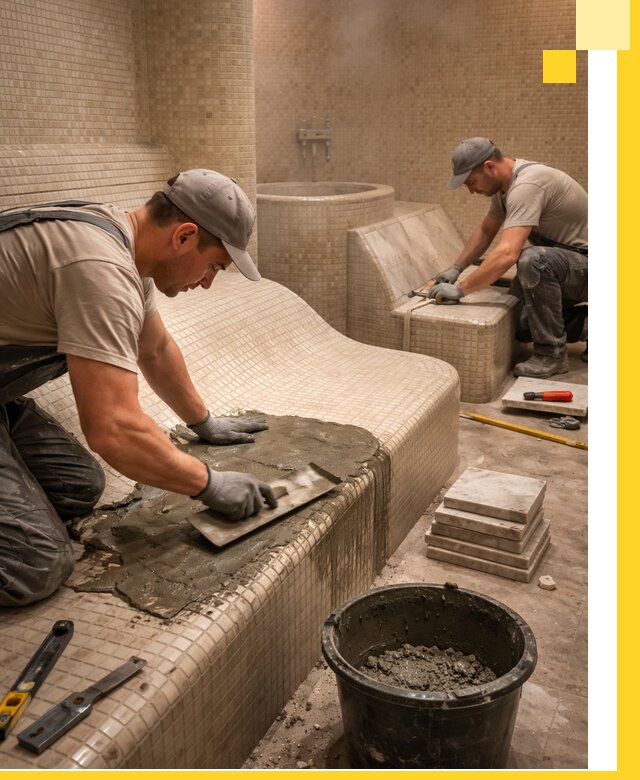 Лежаки для хамама под ключ в Выборге, проект и монтаж